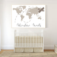 World map nursery, nursery wall art neutral, woodland nursery, adventure awaits, world map wall art nursery, gender neutral, airplane