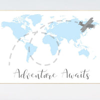Nursery wall art map, adventure awaits, world map print, nursery decor boy mountains adventure, blue gray, plane nursery decor, blue nursery