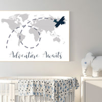 Nursery wall art map, adventure awaits, world map print, nursery decor boy mountains adventure, gray nursery, plane nursery decor, navy gray