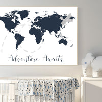 Nursery wall art map, adventure awaits, world map print, nursery decor boy mountains adventure, navy blue, plane nursery decor, navy gray