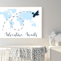 Nursery wall art map, adventure awaits, world map print, nursery decor boy mountains adventure, navy blue, plane nursery decor, blue nursery