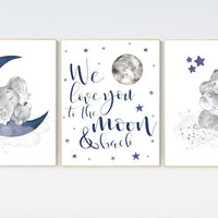 Nursery decor elephant, navy nursery decor, cloud and stars, moon and stars, navy blue nursery art. baby room wall art, elephant nursery