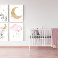 Nursery decor girl elephant, pink and gold nursery, we love you to the moon and back, pink nursery art, cloud and stars, baby room decor