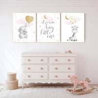 Nursery wall art girl, baby room decor girl gold and pink, giraffe nursery, dream big little one, cloud and stars, elephant nursery wall art