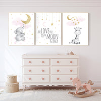 Nursery decor girl, giraffe nursery, baby room decor girl gold and pink, girl nursery decor, cloud and stars, elephant nursery wall art