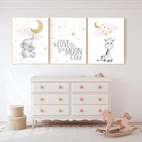 Nursery decor girl, giraffe nursery, baby room decor girl gold and pink, girl nursery decor, cloud and stars, elephant nursery wall art