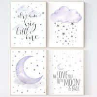 Baby room decor girl purple, nursery wall art, nursery decor lavender, lilac, dream big little one, cloud and stars, baby room decor, moon