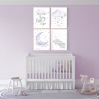 Baby room decor girl purple, nursery wall art, nursery decor lavender, lilac, dream big little one, cloud and stars, baby room decor, moon