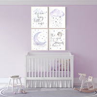 Baby room decor girl purple, nursery wall art, nursery decor lavender, lilac, dream big little one, cloud and stars, baby room decor, moon