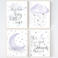 Baby room decor girl purple, nursery wall art, nursery decor lavender, lilac, dream big little one, cloud and stars, baby room decor, moon