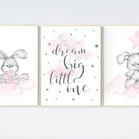 Nursery decor girl bunny, bunny print nursery, bunny print set, pink and gray nursery, rabbit nursery decor, girl nursery, bunny art