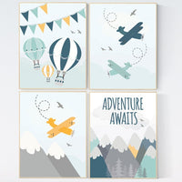 Adventure awaits nursery, gender neutral nursery decor, nursery decor boy plane, woodland nursery, adventure nursery print, hot air balloon