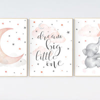 Nursery decor elephant, Nursery decor girl coral, dream big little one, cloud and stars, moon and stars nursery, coral and gray nursery