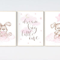 Nursery decor girl bunny, bunny print set, dream big little one, rabbit nursery, girl nursery, nursery wall art bunny, Bunny print nursery