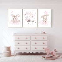 Bunny nursery decor, pink nursery, nursery decor girl bunny, nursery prints animals, we love you to the moon and back, cloud and stars