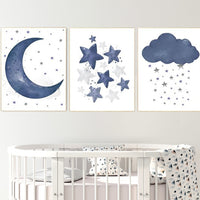 Navy nursery decor, cloud and stars, moon and stars, navy blue nursery art. baby room wall art, boy nursery decor, set of 3, nursery art