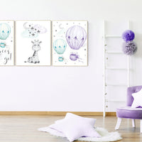 Nursery decor girl giraffe, nursery decor girl purple, hot air balloon, purple mint, lavender, nursery decor girl lilac mint, turquoise aqua