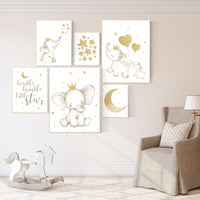 Baby room wall art, baby room decor girl, gold nursery decor, gold nursery print, elephant nursery, star nursery theme, elephant family