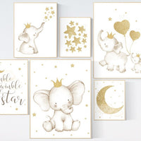 Baby room wall art, baby room decor girl, gold nursery decor, gold nursery print, elephant nursery, star nursery theme, elephant family
