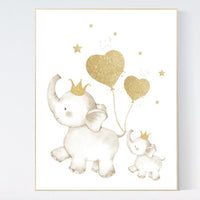 Nursery decor elephant, baby room wall art gold, girls room decor, gold print for nursery, gold nursery, elephant family, elephant wall art