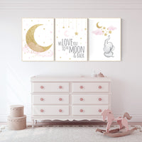 Nursery wall art girl elephant, pink and gold nursery, we love you to the moon and back, pink nursery art, cloud and stars, baby room decor