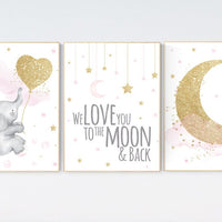 Nursery wall art girl elephant, pink and gold nursery, we love you to the moon and back, pink nursery art, cloud and stars, baby room decor