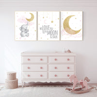 Nursery wall art elephant, pink and gold nursery, we love you to the moon and back, pink nursery art, cloud and stars, baby room decor