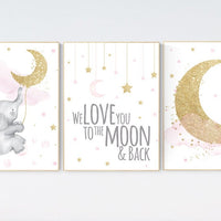 Nursery wall art elephant, pink and gold nursery, we love you to the moon and back, pink nursery art, cloud and stars, baby room decor