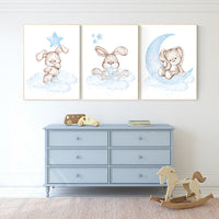 Nursery decor boy bunny, bunny print set, blue nursery, rabbit nursery decor, boy nursery, Bunny print nursery, boy nursery wall art