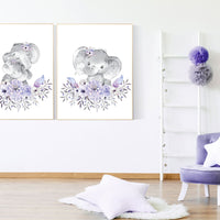 Nursery wall art elephant, nursery decor girl purple, nursery decor girl floral, lilac nursery decor lavender, Boho baby room, lilac nursery