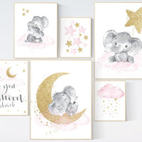 Nursery decor girl, Nursery decor elephant, baby room decor girl gold and pink, gold nursery art, to the moon and back, cloud stars nursery