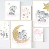 Nursery decor girl, Nursery decor elephant, baby room decor girl gold and pink, gold nursery art, to the moon and back, cloud stars nursery