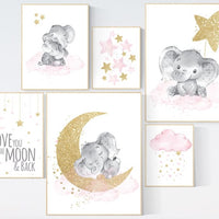 Nursery decor girl, Nursery decor elephant, baby room decor girl gold and pink, gold nursery art, to the moon and back, cloud stars nursery