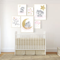 Nursery decor girl, Nursery decor elephant, baby room decor girl gold and pink, gold nursery art, to the moon and back, cloud stars nursery