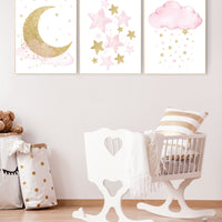 Nursery wall art girl, baby room decor girl gold and pink, moon and star, baby room decor, girl nursery wall art, star nursery, gold nursery