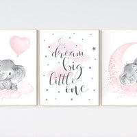Elephant nursery art, nursery decor girl, pink and gray, cloud and stars, baby room decor girl, nursery prints girl, dream big little one