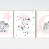 Nursery decor elephant, nursery decor girl elephant, moon and stars, baby room decor girl, nursery prints girl, dream big little one