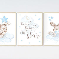 Nursery decor boy bunny, bunny print set, twinkle twinkle little star, rabbit nursery decor, boy nursery, Bunny print, boy nursery art