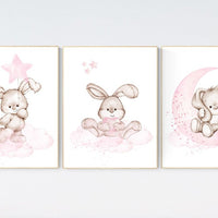Nursery decor girl bunny, bunny print set, pink and gray nursery, rabbit nursery decor, girl nursery, bunny art, Bunny print nursery