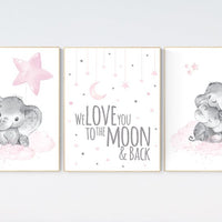 Nursery decor girl, we love you to the moon and back, baby room wall art, girl nursery decor, Elephant nursery, nursery wall art elephant
