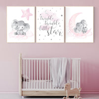 Elephant nursery, nursery wall art elephant, nursery decor girl, twinkle twinkle little star, baby room, girl nursery decor, moon and stars
