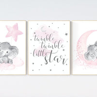Elephant nursery, nursery wall art elephant, nursery decor girl, twinkle twinkle little star, baby room, girl nursery decor, moon and stars