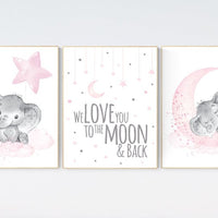 Nursery decor girl, we love you to the moon and back, baby room wall art, girl nursery decor, Elephant nursery, nursery wall art elephant