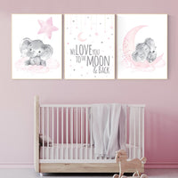 Nursery decor girl, we love you to the moon and back, baby room wall art, girl nursery decor, Elephant nursery, nursery wall art elephant