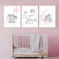 Nursery decor girl Elephant, pink grey nursery, nursery wall art, girl nursery wall decor, pink gray, we love you to the moon and back