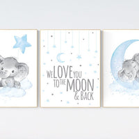 Nursery decor boy elephant, nursery wall art elephant, we love you to the moon and back, Elephant Nursery, boy nursery art, moon and stars
