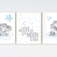 Nursery decor boy elephant, nursery wall art elephant, we love you to the moon and back, Elephant Nursery, boy nursery art, moon and stars