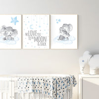 Nursery decor boy elephant, nursery wall art elephant, we love you to the moon and back, Elephant Nursery, boy nursery art, moon and stars