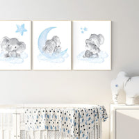 Nursery decor boy elephant, nursery wall art elephant, baby room decor boy, cloud and stars, Elephant Nursery Art, Baby Boy Nursery Art