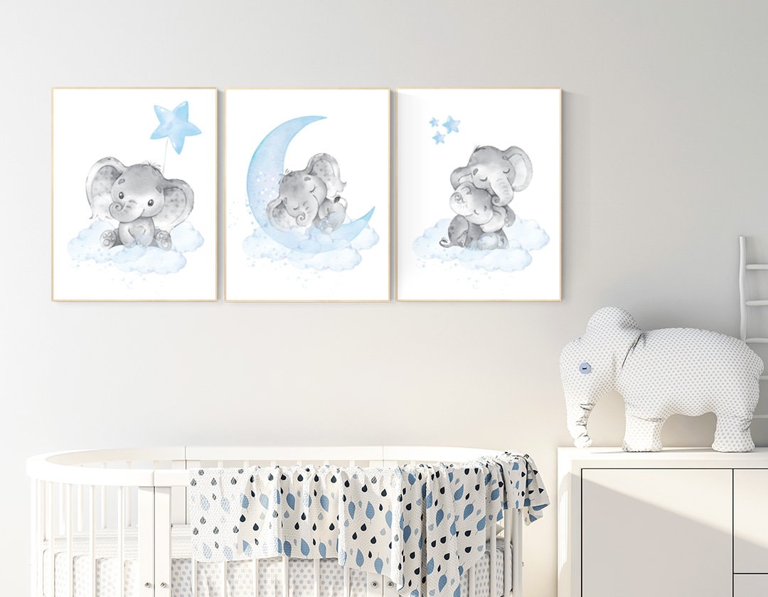 Nursery decor boy elephant, nursery wall art elephant, baby room decor boy, moon and stars, baby room wall art, Baby blue nursery Art
